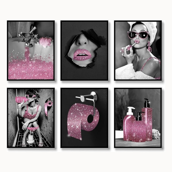 Pink glitter Art Print  Color Pop Art Bathroom Wall Decor Set unframed (6) - Picture 5 of 7